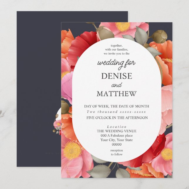 Watercolor Poppy on solar Night Grey Invitation (Front/Back)