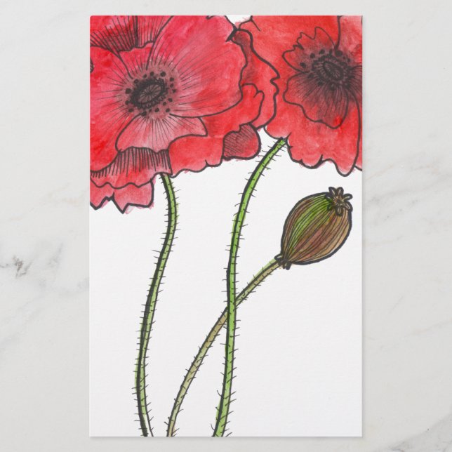 Watercolor Poppy Stationery (Front)