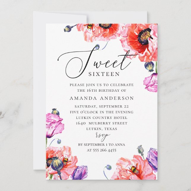 Watercolor poppy Sweet 16. Elegant 16th birthday Invitation (Front)