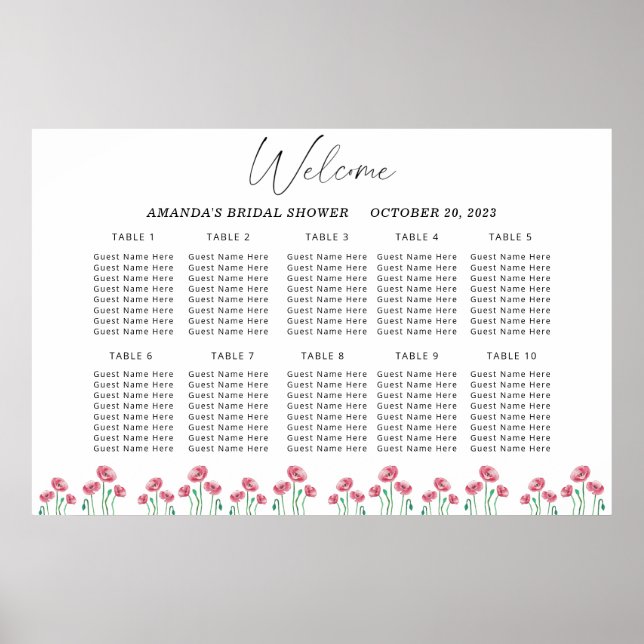 Watercolor poppy wedding seating chart (Front)