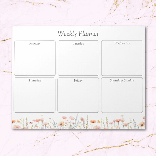 Watercolor Poppy Wildflower Floral weekly planner Notepad (Close up)