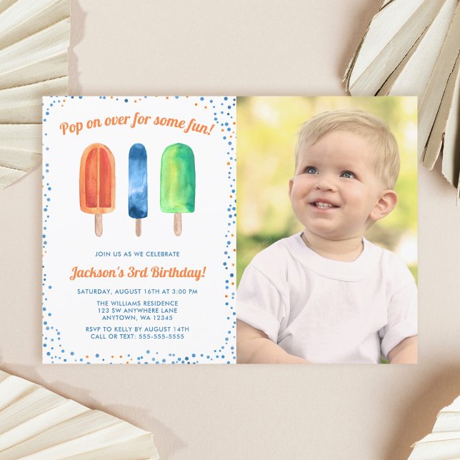 Watercolor Popsicle Boy Birthday Party Photo Invitation (Creator Uploaded)