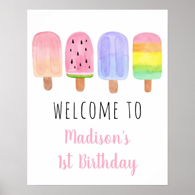 Watercolor Popsicle Pink Girl Birthday Welcome Poster (Front)