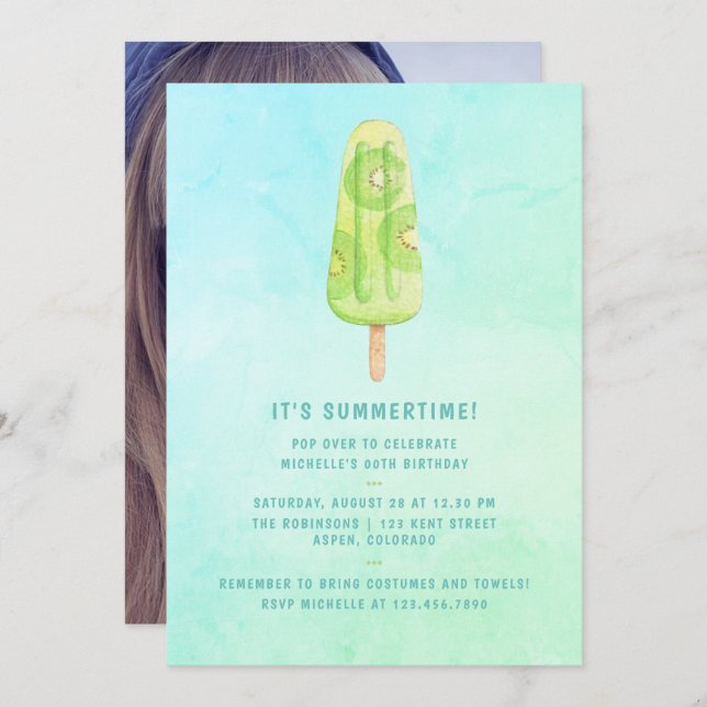Watercolor Popsicle Summer Birthday Party Photo Invitation (Front/Back)