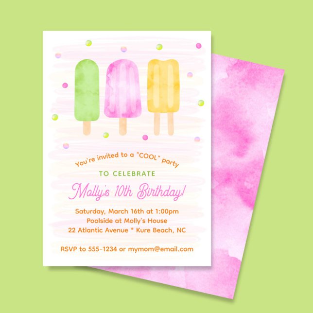 Watercolor Popsicles Colourful Girl 3rd Birthday Invitation (Creator Uploaded)