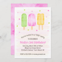 Watercolor Popsicles Cute Pink Girl 3rd Birthday