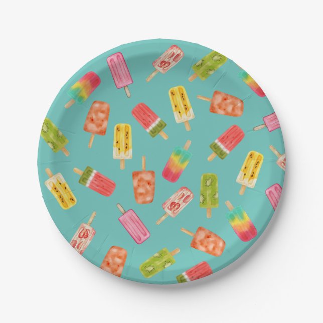 Watercolor Popsicles Summer birthday party  Paper Plate (Front)