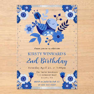 Watercolor Porcelain Floral Bird Birthday Acrylic Invitations