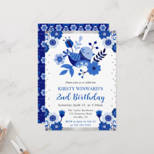 Watercolor Porcelain Floral Bird Birthday Invitation
