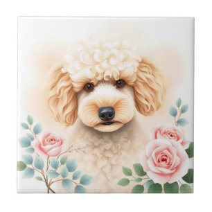 Watercolor Portrait of a Fluffy Beige Poodle Tile