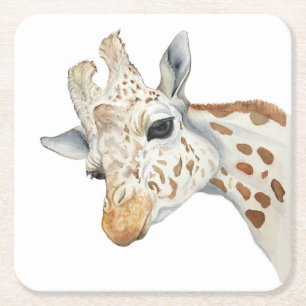 Watercolor portrait of a giraffe square paper coaster