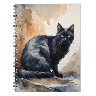 Watercolor Portrait of Black Cat Pose Notebook