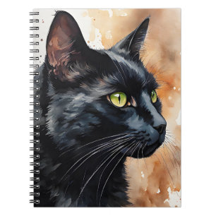 Watercolor Portrait of Black Cat Profile Pose Notebook
