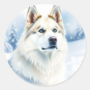 Watercolor Portrait of Siberian Husky in Snowy Classic Round Sticker