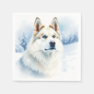 Watercolor Portrait of Siberian Husky in Snowy  Napkin