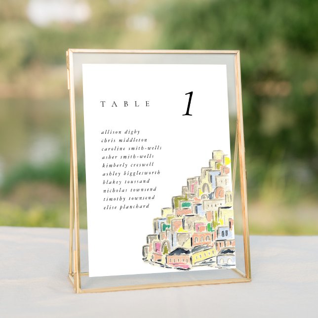 Watercolor Positano Italy 5x7" Wedding Table Cards (Watercolor Positano Italy destination wedding table number sign.)