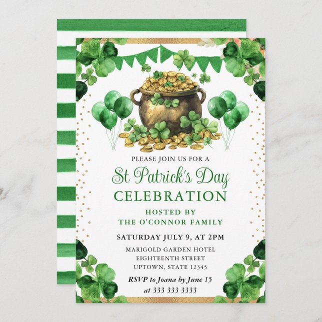 Watercolor Pot of Gold St Patrick's Day Invitation (Front/Back)