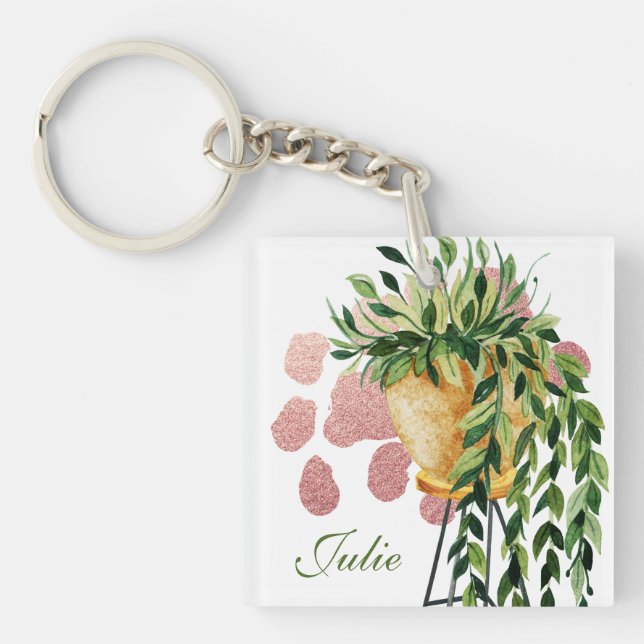 Watercolor Pothos Plant Script Name  Key Ring (Front)