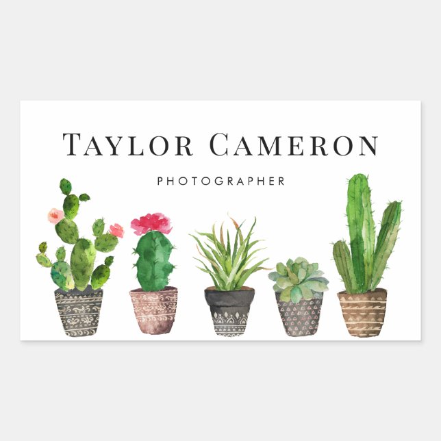 Watercolor Potted Cactus and Succulents Business Rectangular Sticker (Front)