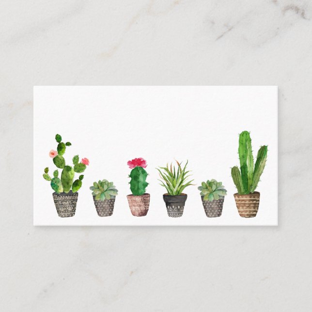 Watercolor Potted Cactus and Succulents Wedding Place Card (Front)