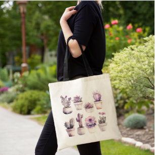 watercolor potted cactus tote bag