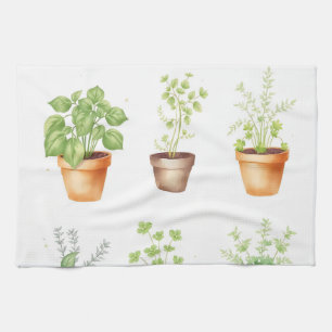 Watercolor Potted Herbs on Cream Background Tea Towel