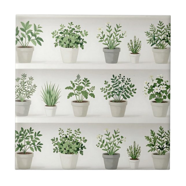 Watercolor Potted Herbs Shelf Pattern Tile (Front)