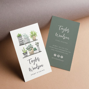 Watercolor Potted Houseplants Signature Script Business Card