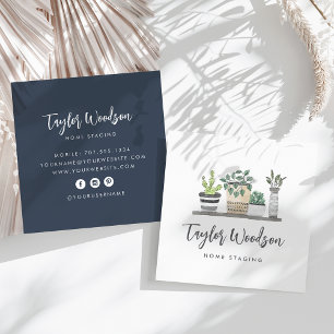Watercolor Potted Houseplants Signature Script Square Business Card
