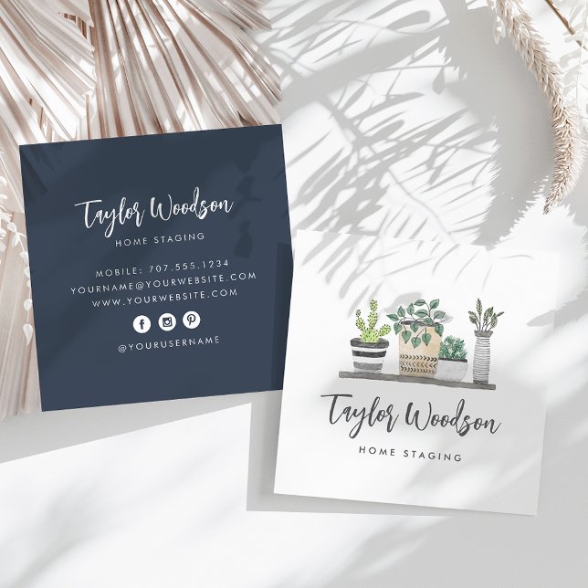 Watercolor Potted Houseplants Signature Script Square Business Card (Creator Uploaded)