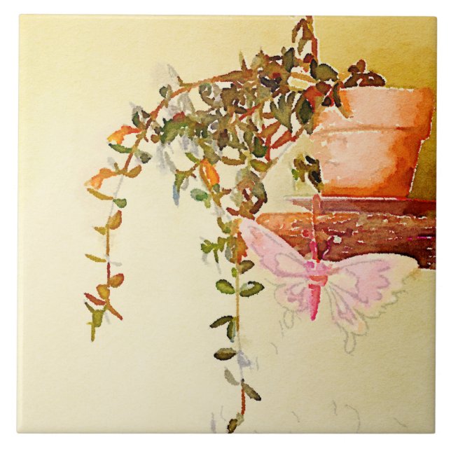 Watercolor Potted Plant and Butterfly Metal Print Tile (Front)