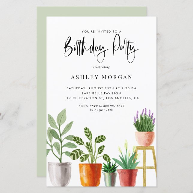 Watercolor Potted Plants Birthday Party Invitation (Front/Back)