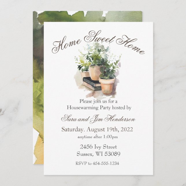 Watercolor Potted Plants Housewarming Invitation (Front/Back)