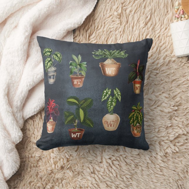 Watercolor Potted Plants Rustic Monogram Black  Cushion (Blanket)