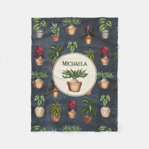 Watercolor Potted Plants Rustic Pattern Black Name Fleece Blanket