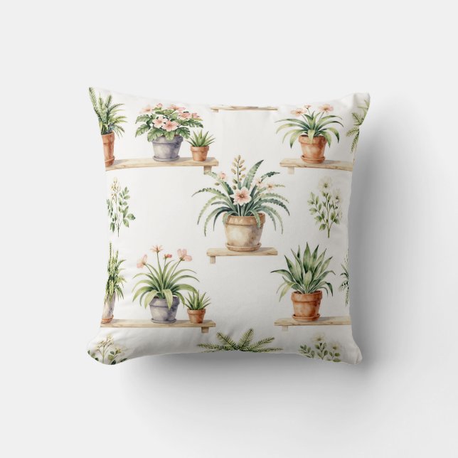 Watercolor Potted Plants Shelf Pattern Cushion (Front)