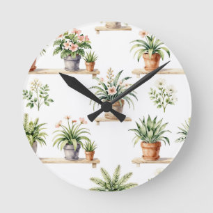 Watercolor Potted Plants Shelf Pattern Round Clock