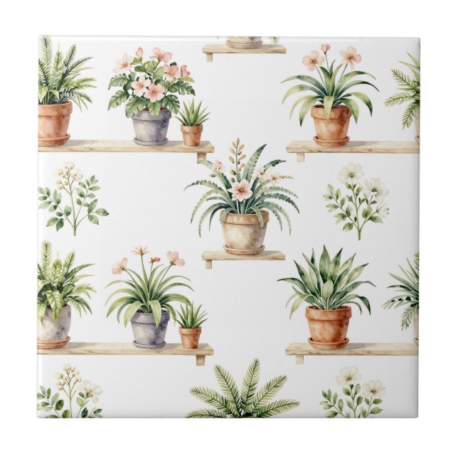 Watercolor Potted Plants Shelf Pattern Tile (Front)