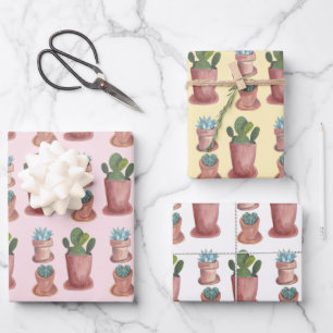 Watercolor Potted Plants Succulents and Cacti Gift Wrapping Paper Sheet