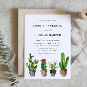 Watercolor Potted Succulents and Cactus Wedding Invitation