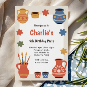 Watercolor Pottery Painting Birthday Party Invitation