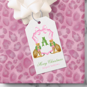 Watercolor Preppy Christmas Leopard Monogram Crest Gift Tags