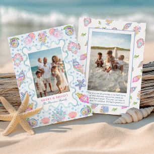 Watercolor Preppy Coastal Merry Christmas Photo Holiday Card
