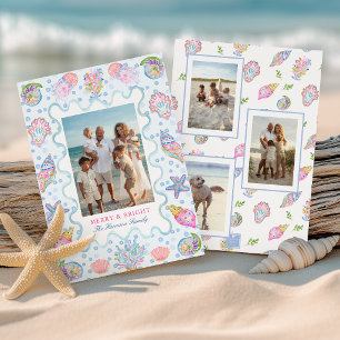 Watercolor Preppy Coastal Merry Christmas Photo Holiday Card
