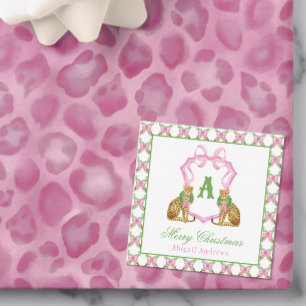 Watercolor Preppy Leopard Christmas Monogram Crest Card