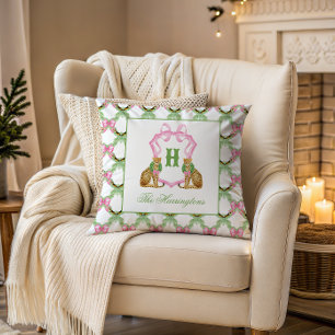 Watercolor Preppy Leopard Christmas Monogram Crest Cushion