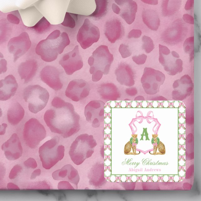 Watercolor Preppy Leopard Christmas Monogram Crest Square Sticker (Creator Uploaded)