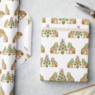 Watercolor Preppy Leopard Christmas Tree Wrapping Paper