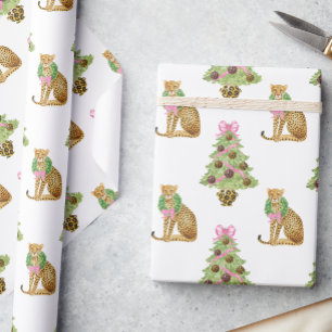 Watercolor Preppy Leopard Christmas Tree Wrapping Paper