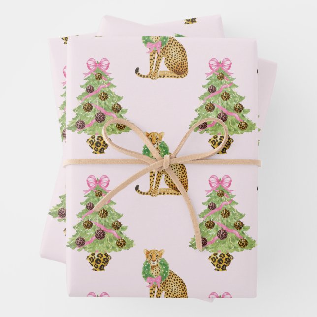 Watercolor Preppy Leopard Christmas Tree Wrapping Paper Sheet (In situ)